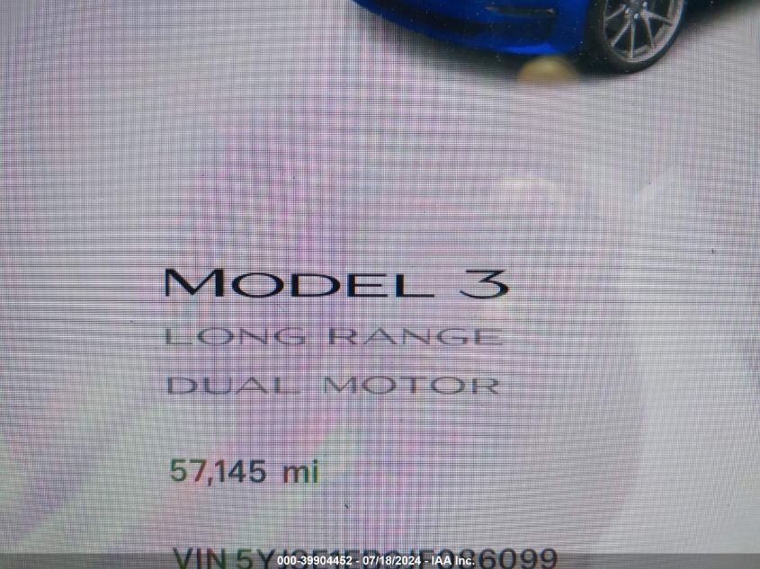 2018 Tesla Model 3 Long Range/Performance VIN: 5YJ3E1EB9JF086099 Lot: 39904452