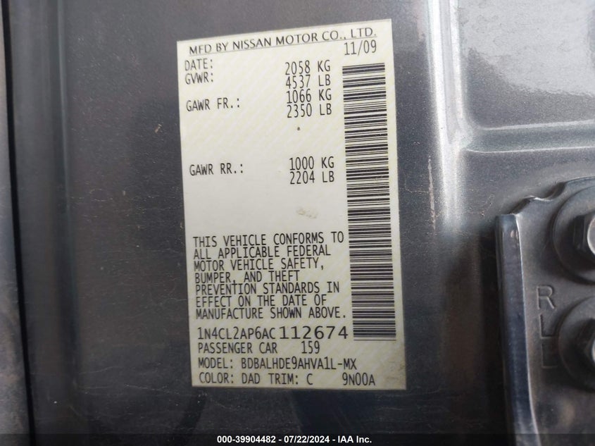 2010 Nissan Altima Hybrid VIN: 1N4CL2AP6AC112674 Lot: 39904482