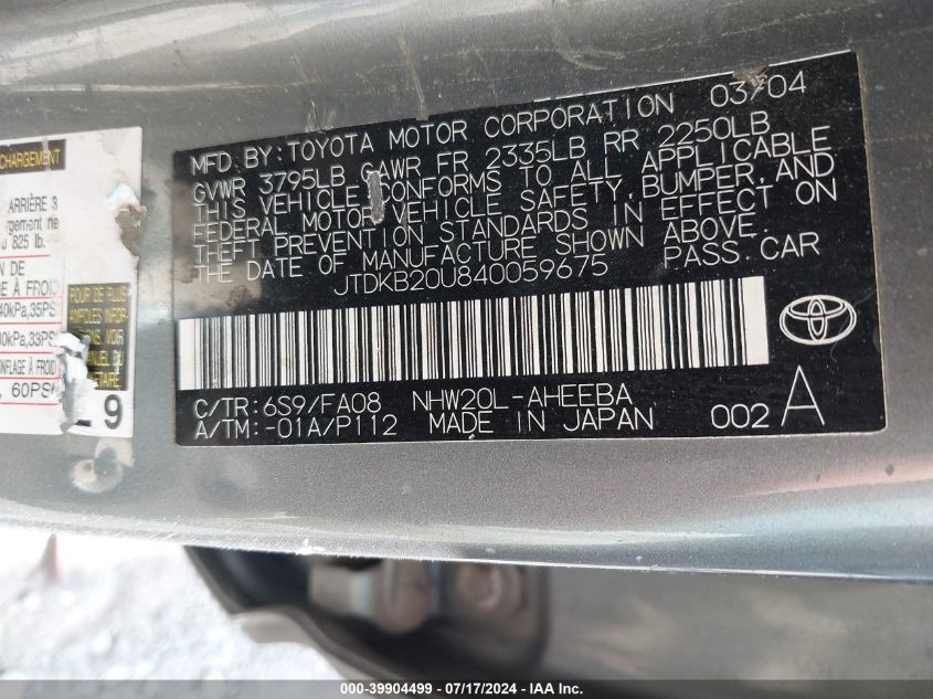 2004 Toyota Prius VIN: JTDKB20U840059675 Lot: 39904499