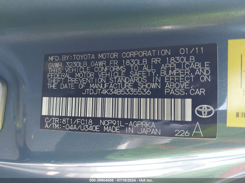 2011 Toyota Yaris VIN: JTDJT4K34B5335536 Lot: 39904508