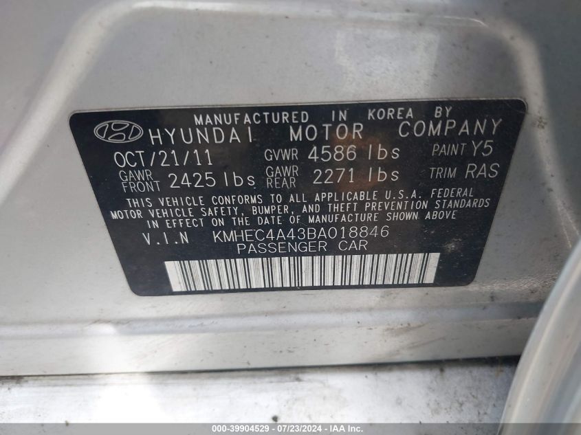 2011 Hyundai Sonata Hybrid VIN: KMHEC4A43BA018846 Lot: 39904529