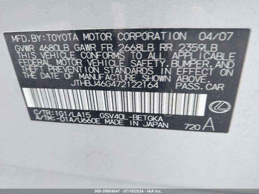 2007 Lexus Es 350 VIN: JTHBJ46G472122164 Lot: 39904547