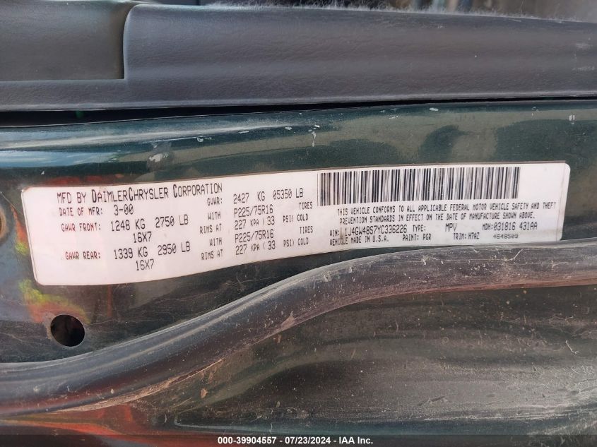 2000 Jeep Grand Cherokee Laredo VIN: 1J4GW48S7YC336226 Lot: 39904557