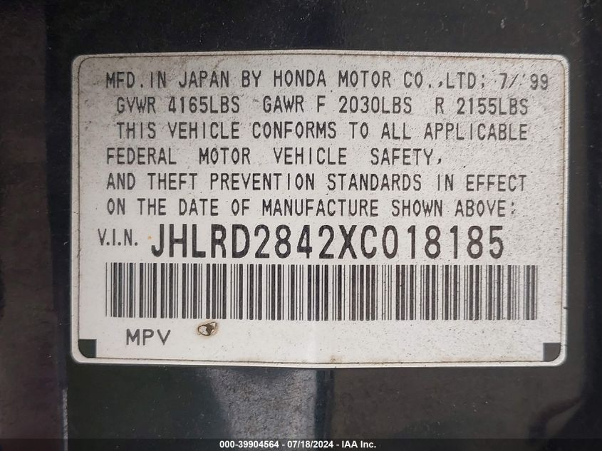 1999 Honda Cr-V Lx VIN: JHLRD2842XC018185 Lot: 39904564