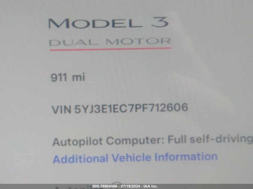 2023 Tesla Model 3 Performance Dual Motor All-Wheel Drive VIN: 5YJ3E1EC7PF712606 Lot: 39904566