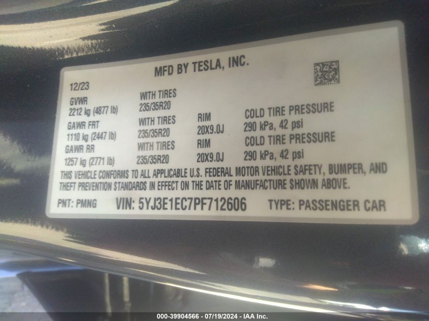 2023 Tesla Model 3 Performance Dual Motor All-Wheel Drive VIN: 5YJ3E1EC7PF712606 Lot: 39904566