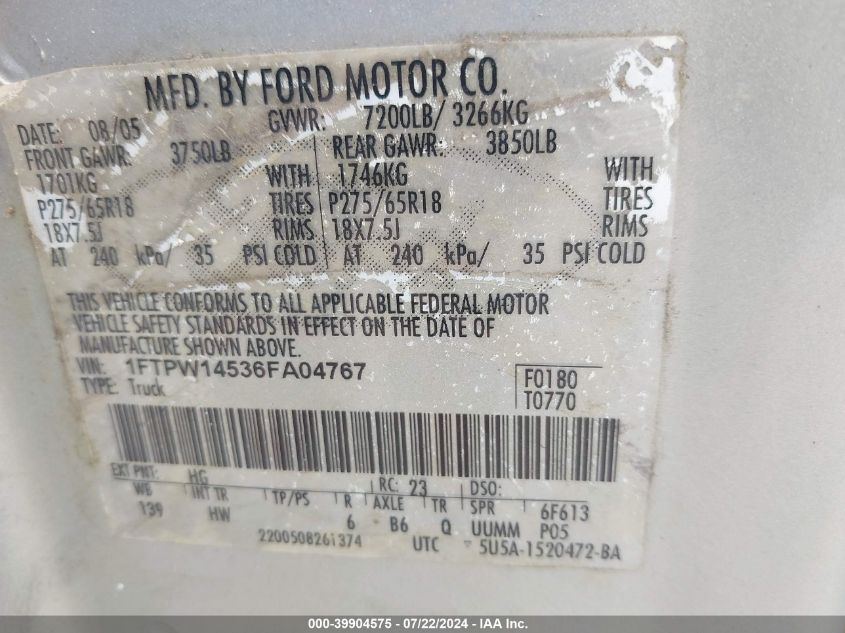 2006 Ford F-150 Fx4/Lariat/Xlt VIN: 1FTPW14536FA04767 Lot: 39904575