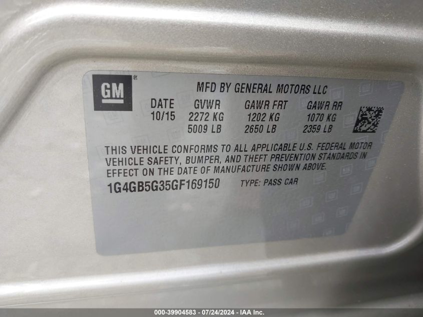 2016 Buick Lacrosse Leather VIN: 1G4GB5G35GF169150 Lot: 39904583