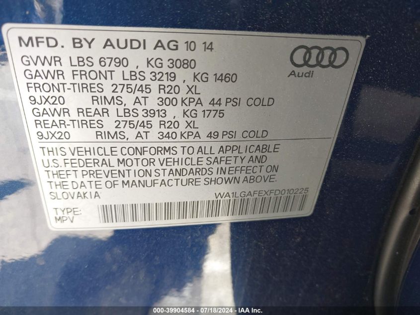 WA1LGAFEXFD010225 2015 Audi Q7 3.0T Premium