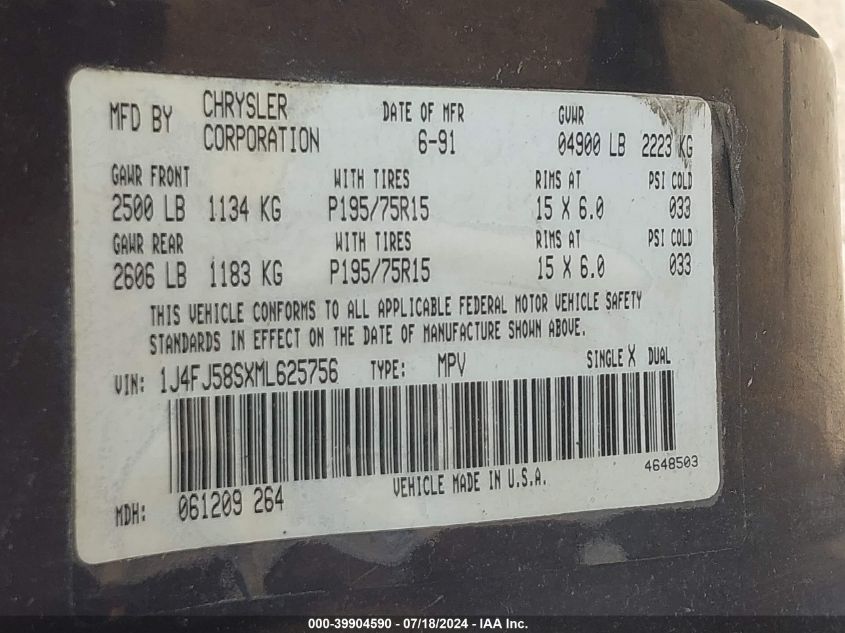 1991 Jeep Cherokee Laredo VIN: 1J4FJ58SXML625756 Lot: 39904590