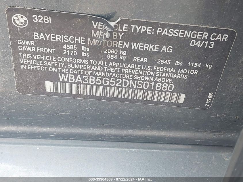 2013 BMW 328I xDrive VIN: WBA3B5G52DNS01880 Lot: 39904609