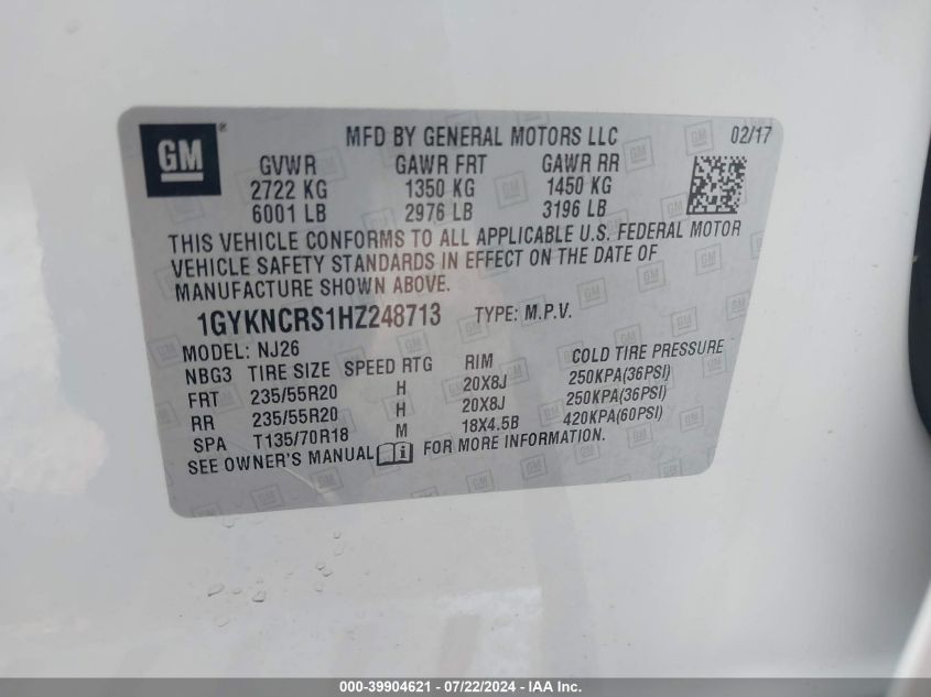 VIN 1GYKNCRS1HZ248713 2017 Cadillac XT5, Premium Lu... no.9