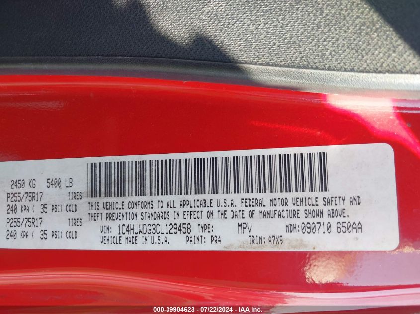 2012 Jeep Wrangler Unlimited Sport VIN: 1C4HJWDG3CL129458 Lot: 39904623