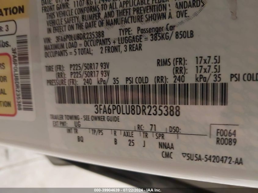 2013 Ford Fusion Hybrid Se VIN: 3FA6P0LU8DR235388 Lot: 39904639