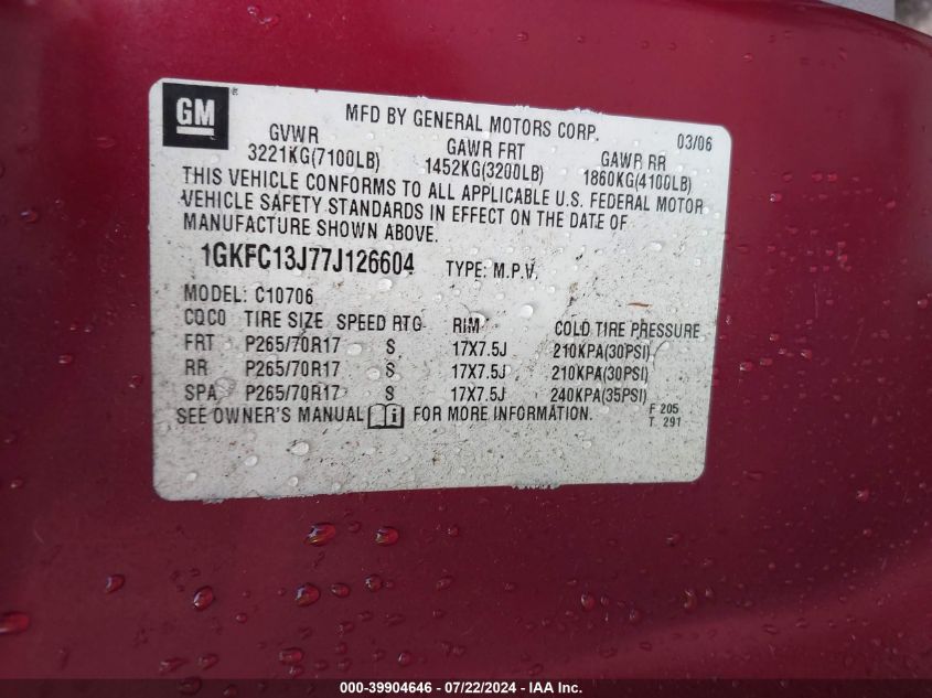 2007 GMC Yukon Commercial Fleet VIN: 1GKFC13J77J126604 Lot: 39904646