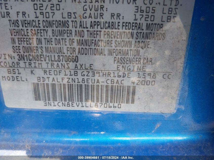 2020 Nissan Versa Sv Xtronic Cvt VIN: 3N1CN8EV1LL870660 Lot: 39904661