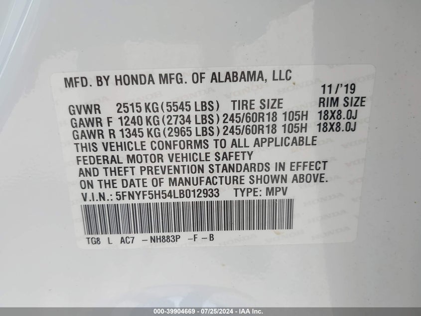 2020 HONDA PILOT 2WD EX-L - 5FNYF5H54LB012933