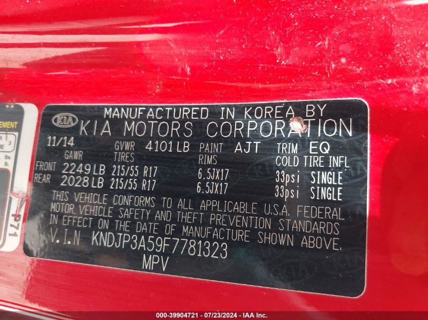 2015 Kia Soul + VIN: KNDJP3A59F7781323 Lot: 39904721