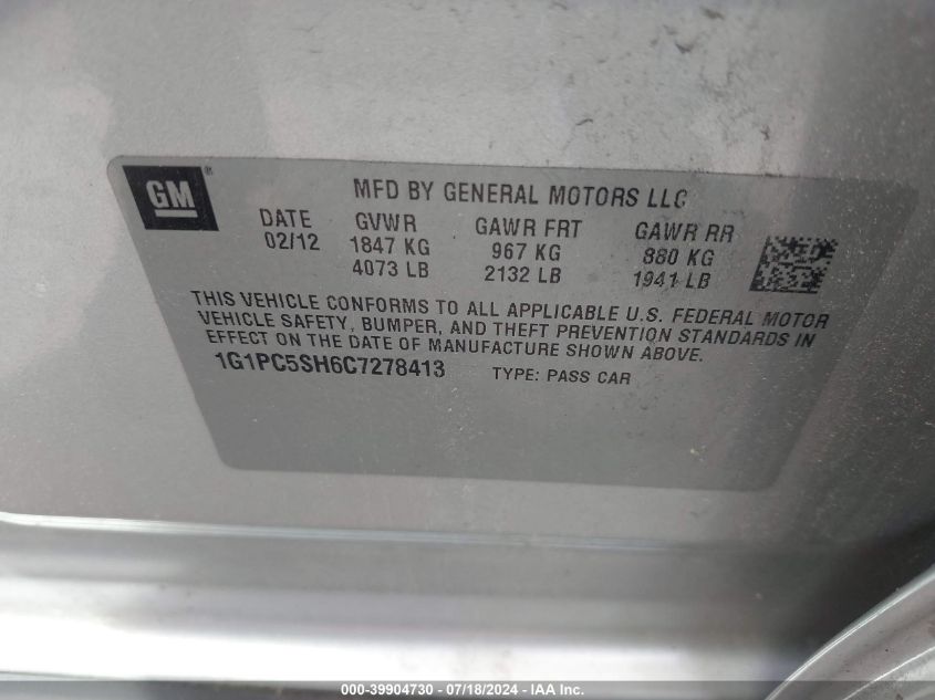 2012 Chevrolet Cruze Ls VIN: 1G1PC5SH6C7278413 Lot: 39904730