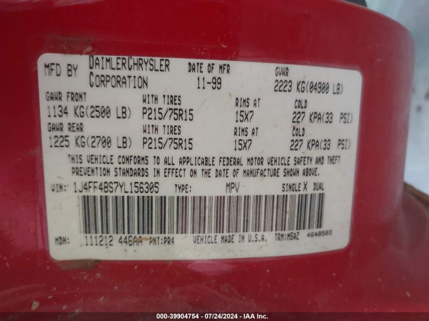 2000 Jeep Cherokee Sport VIN: 1J4FF48S7YL156305 Lot: 39904754