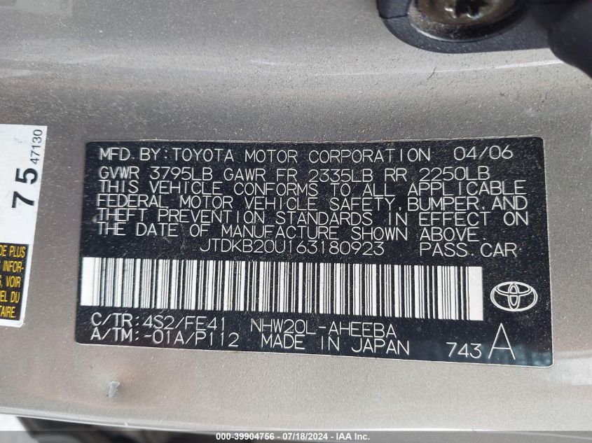 2006 Toyota Prius VIN: JTDKB20U163180923 Lot: 39904756