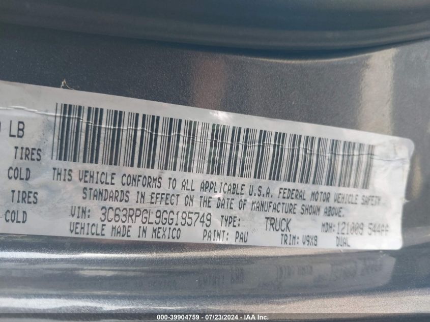 2016 Ram 3500 Tradesman VIN: 3C63RPGL9GG195749 Lot: 39904759