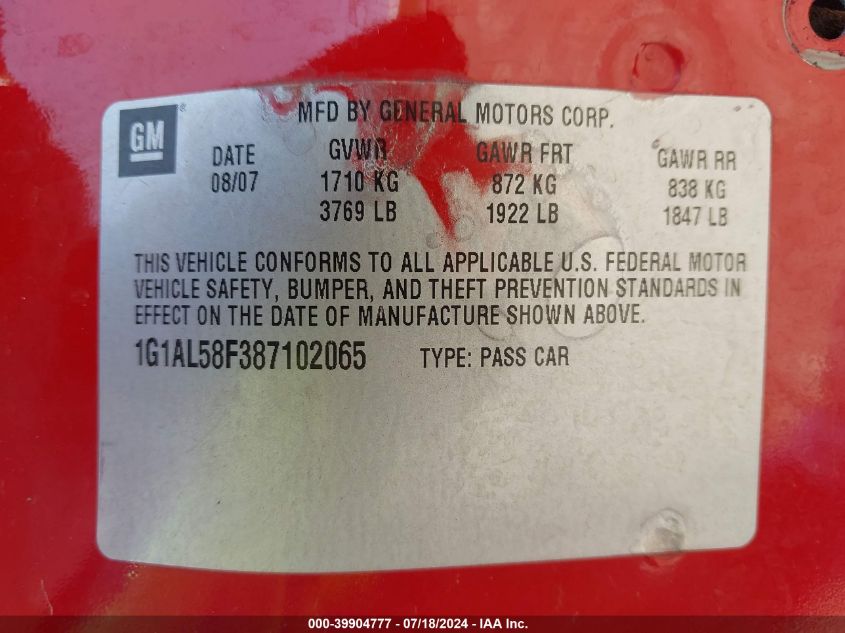 2008 Chevrolet Cobalt Lt VIN: 1G1AL58F387102065 Lot: 39904777