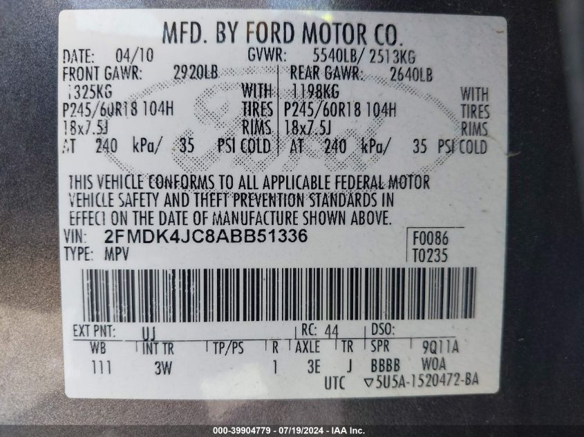 2010 Ford Edge Sel VIN: 2FMDK4JC8ABB51336 Lot: 39904779