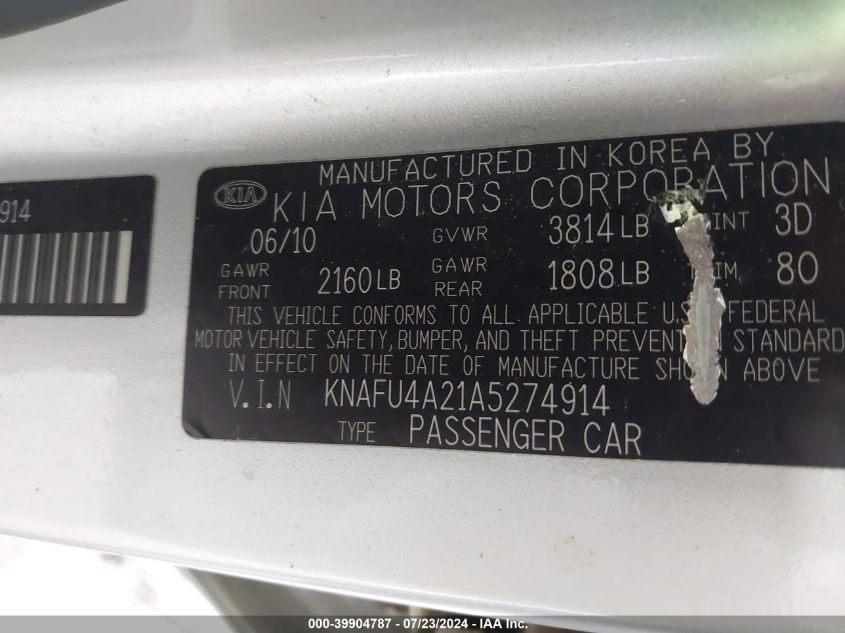 2010 Kia Forte Ex VIN: KNAFU4A21A5274914 Lot: 39904787
