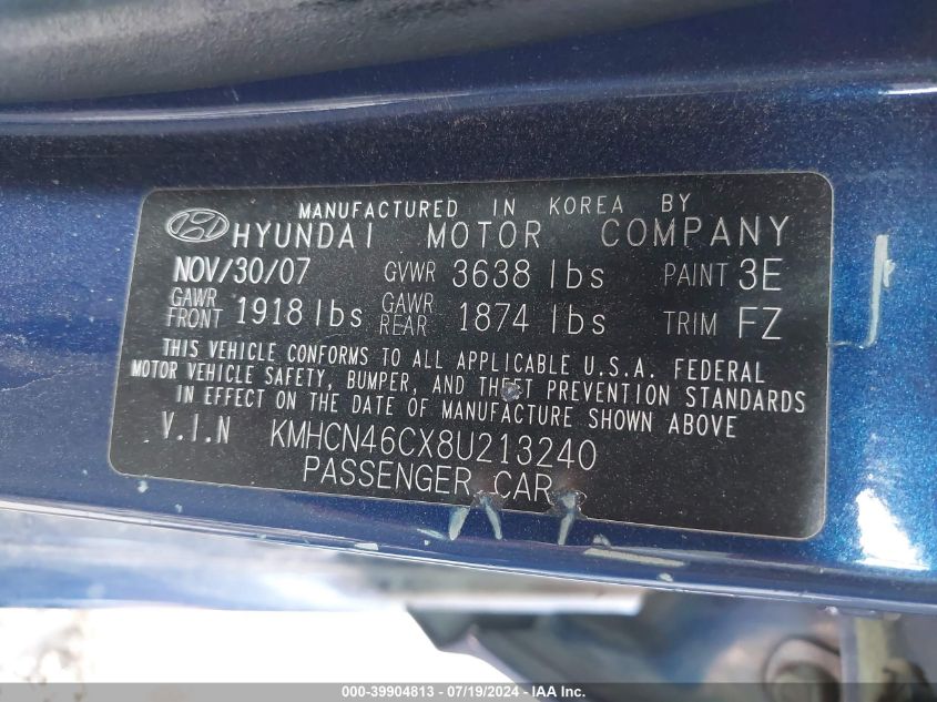 2008 Hyundai Accent Gls VIN: KMHCN46CX8U213240 Lot: 39904813