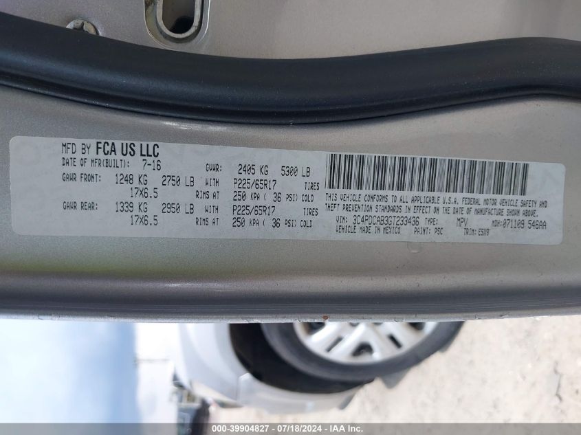 2016 Dodge Journey Se VIN: 3C4PDCAB3GT233436 Lot: 39904827