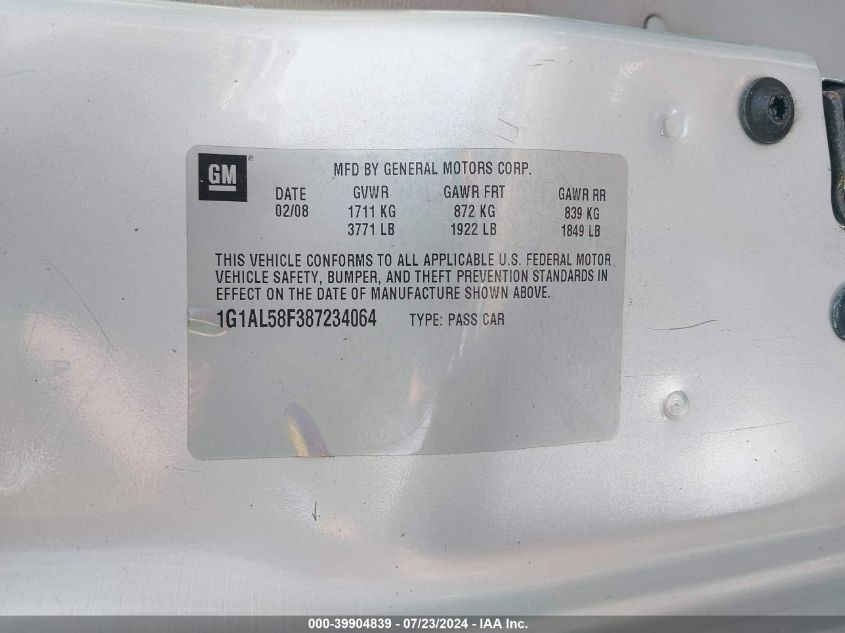 2008 Chevrolet Cobalt Lt VIN: 1G1AL58F387234064 Lot: 39904839