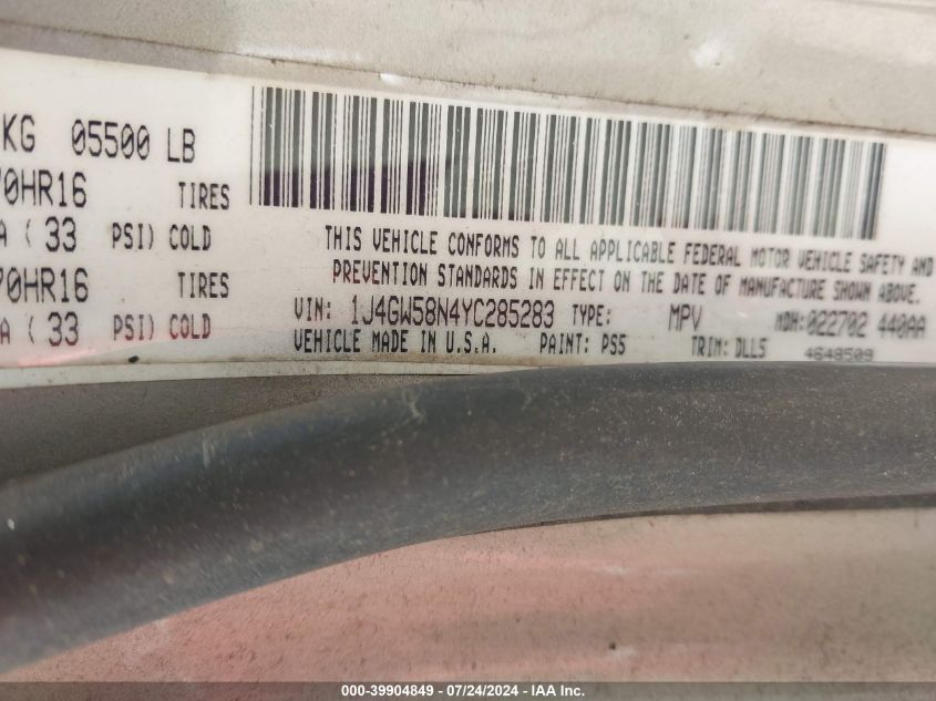 2000 Jeep Grand Cherokee Limited VIN: 1J4GW58N4YC285283 Lot: 39904849