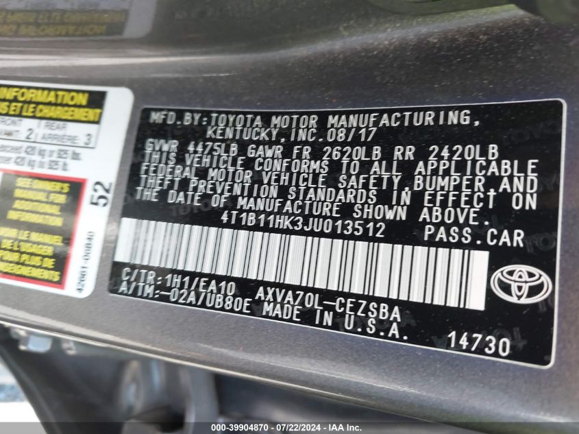 4T1B11HK3JU013512 2018 Toyota Camry Se