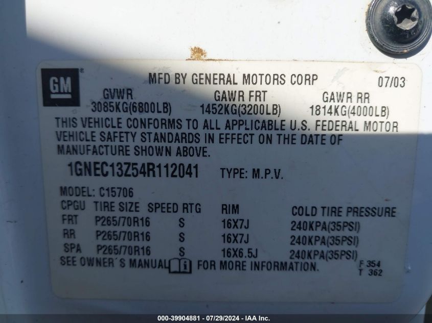 2004 Chevrolet Tahoe Ls VIN: 1GNEC13Z54R112041 Lot: 39904881