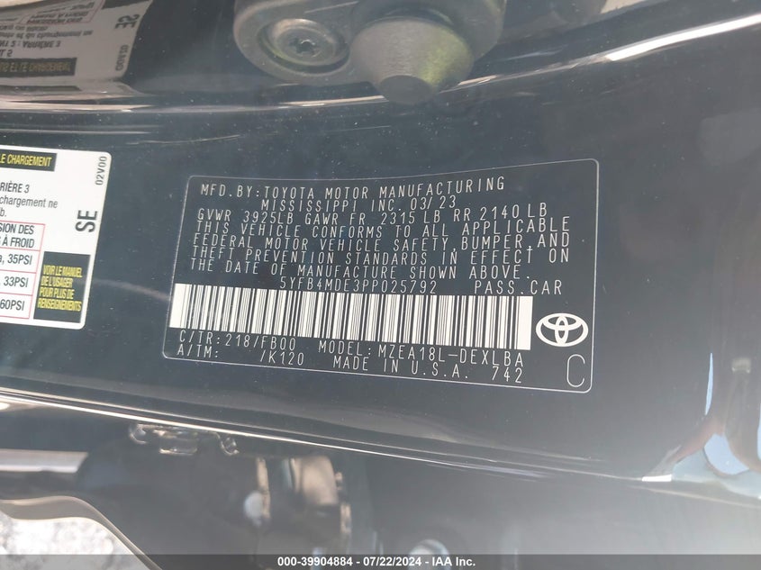 2023 TOYOTA COROLLA LE 5YFB4MDE3PP025792