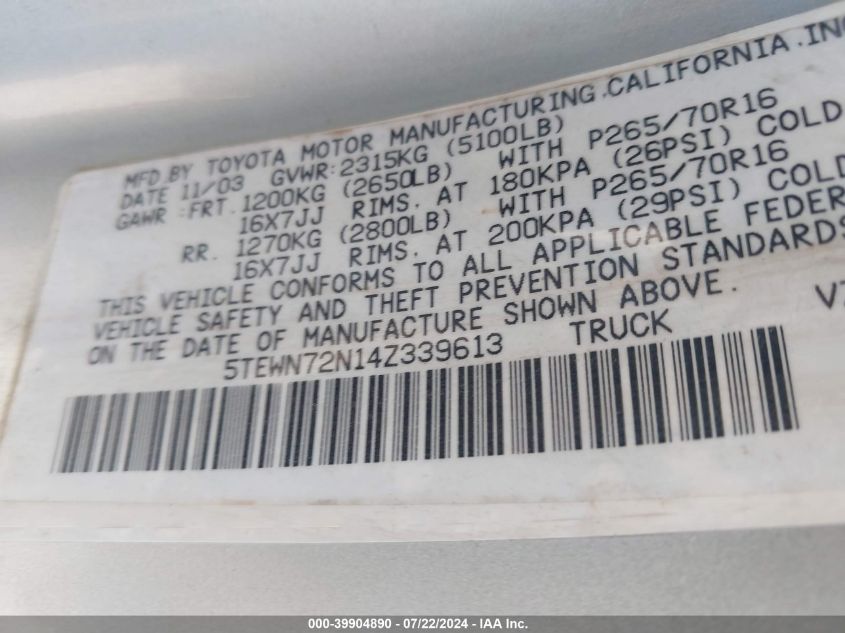 2004 Toyota Tacoma Base V6 VIN: 5TEWN72N14Z339613 Lot: 39904890