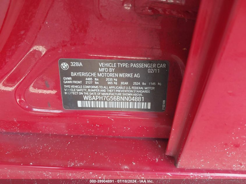 2011 BMW 328I VIN: WBAPH7G56BNN04881 Lot: 39904891