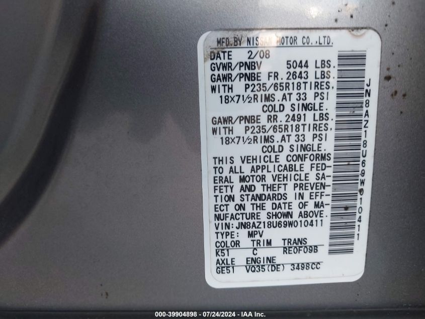 2009 Nissan Murano Sl VIN: JN8AZ18U69W010411 Lot: 39904898