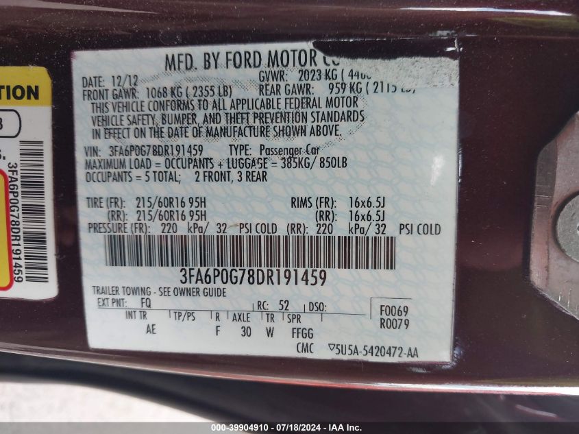 2013 Ford Fusion S VIN: 3FA6P0G78DR191459 Lot: 39904910
