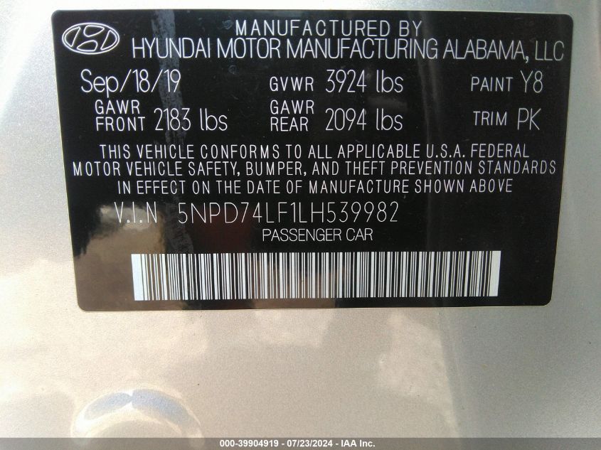 2020 Hyundai Elantra Se VIN: 5NPD74LF1LH539982 Lot: 39904919