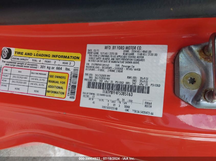 2015 Ford Mustang Gt Premium VIN: 1FATP8FF4F5385163 Lot: 39904923
