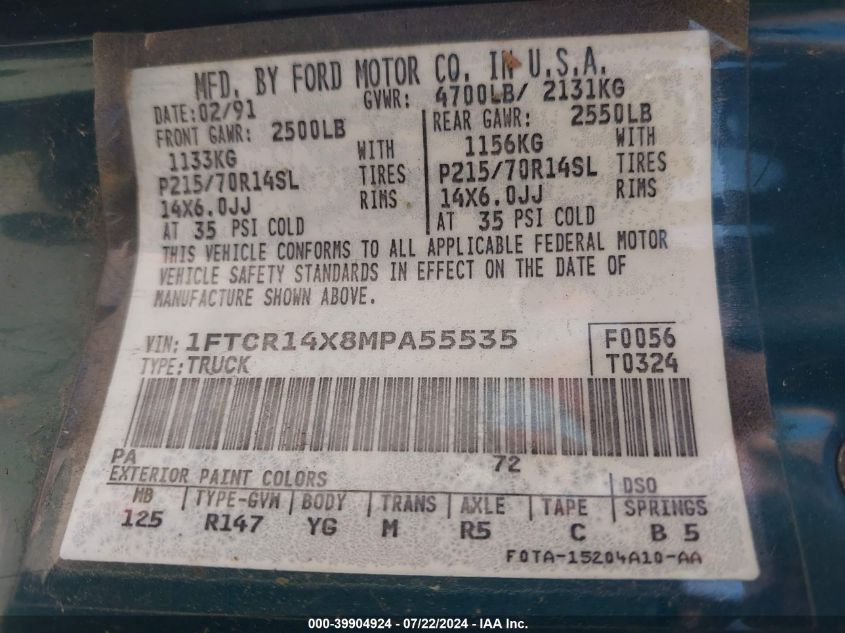 1991 Ford Ranger Super Cab VIN: 1FTCR14X8MPA55535 Lot: 39904924