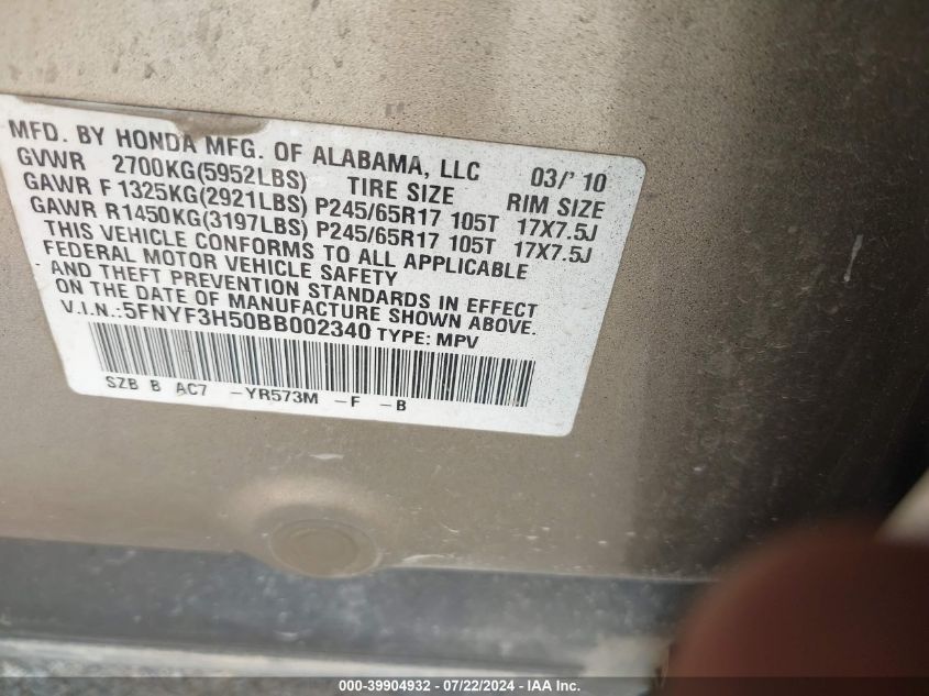 2011 Honda Pilot Ex-L VIN: 5FNYF3H50BB002340 Lot: 39904932