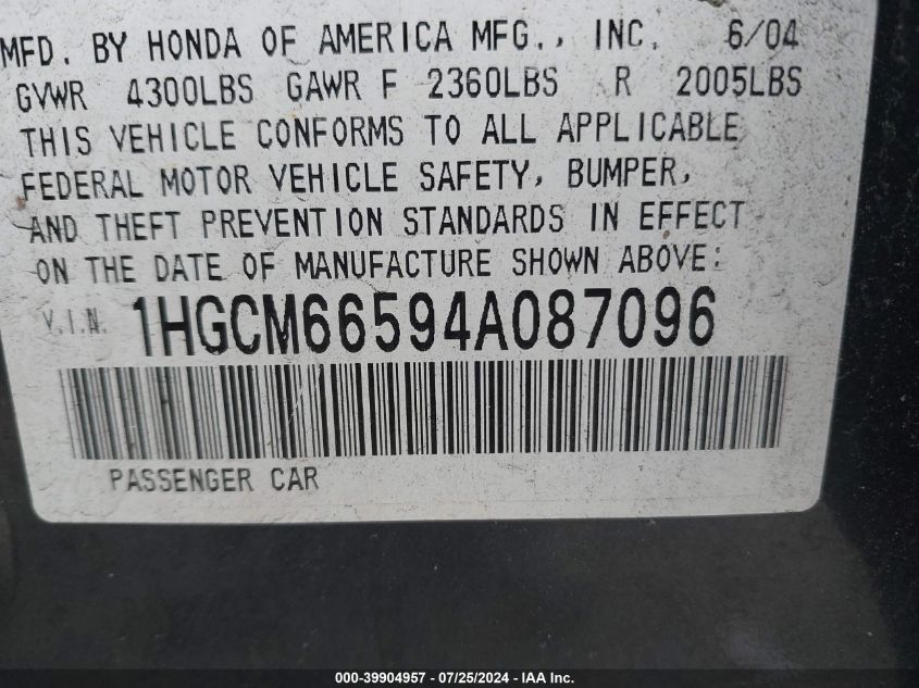 2004 Honda Accord Ex VIN: 1HGCM66594A087096 Lot: 39904957