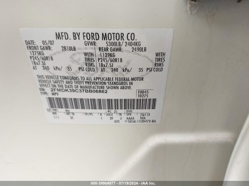 2007 Ford Edge Sel Plus VIN: 2FMDK39C37BB06862 Lot: 39904977