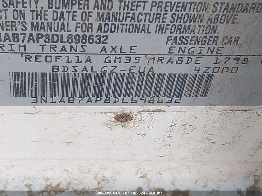 2013 Nissan Sentra Sl VIN: 3N1AB7AP8DL698632 Lot: 39904978