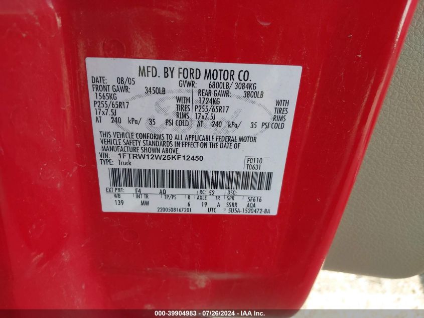 2005 Ford F-150 Xlt VIN: 1FTRW12W25KF12450 Lot: 39904983