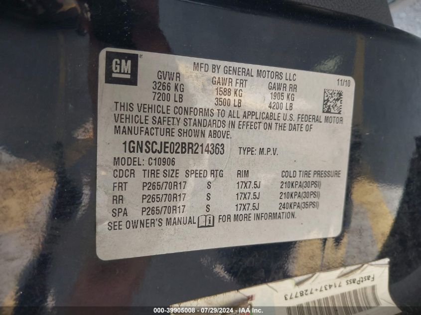 2011 Chevrolet Suburban 1500 Lt1 VIN: 1GNSCJE02BR214363 Lot: 39905008