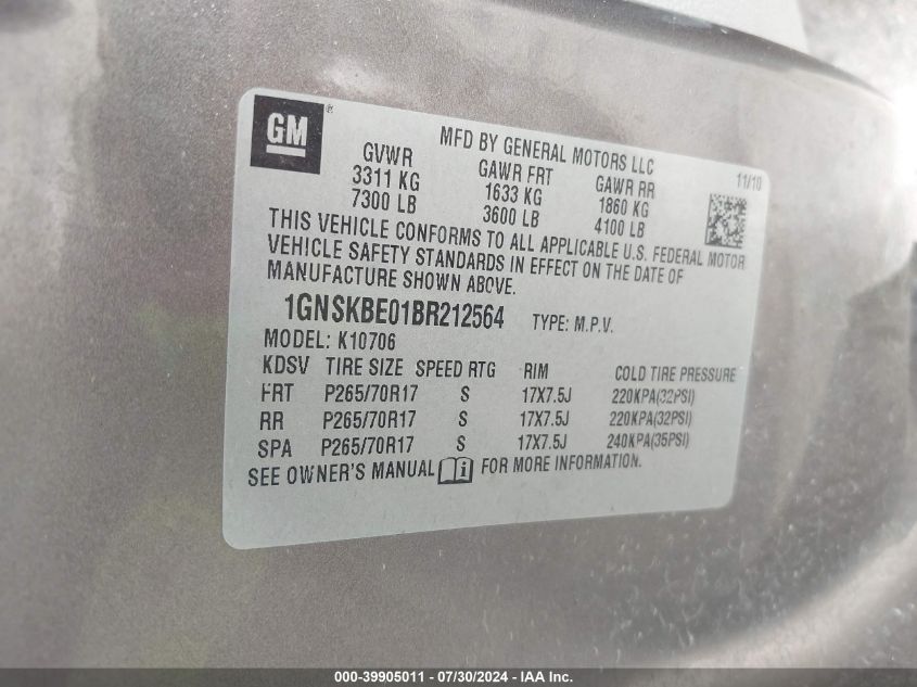 2011 Chevrolet Tahoe Lt VIN: 1GNSKBE01BR212564 Lot: 39905011